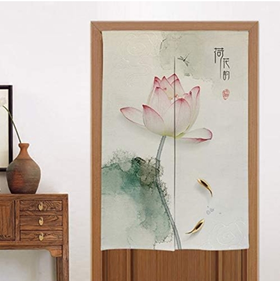 Pink Lotus Flower Gold Fish Japanese Noren Split Curtain Asian Doorway Art New - Picture 1 of 8